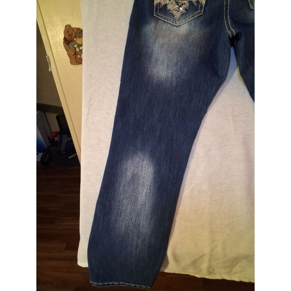 Cato Contemporary Distressed Jeans 14P Petite Lace Embroidered Pocket Dark Wash - Picture 12 of 16